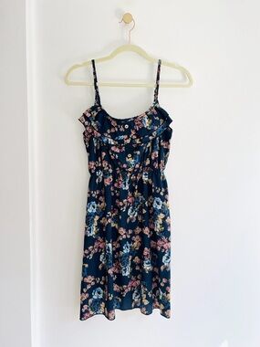Blue Bird Navy Floral Ruffle Spaghetti Strap Mini Dress | Women’s Small